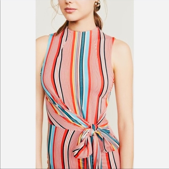 Alice and Olivia Sports Muiltistripes Delora Tie Waist Mock Neck Jersey Midi - Picture 4 of 15